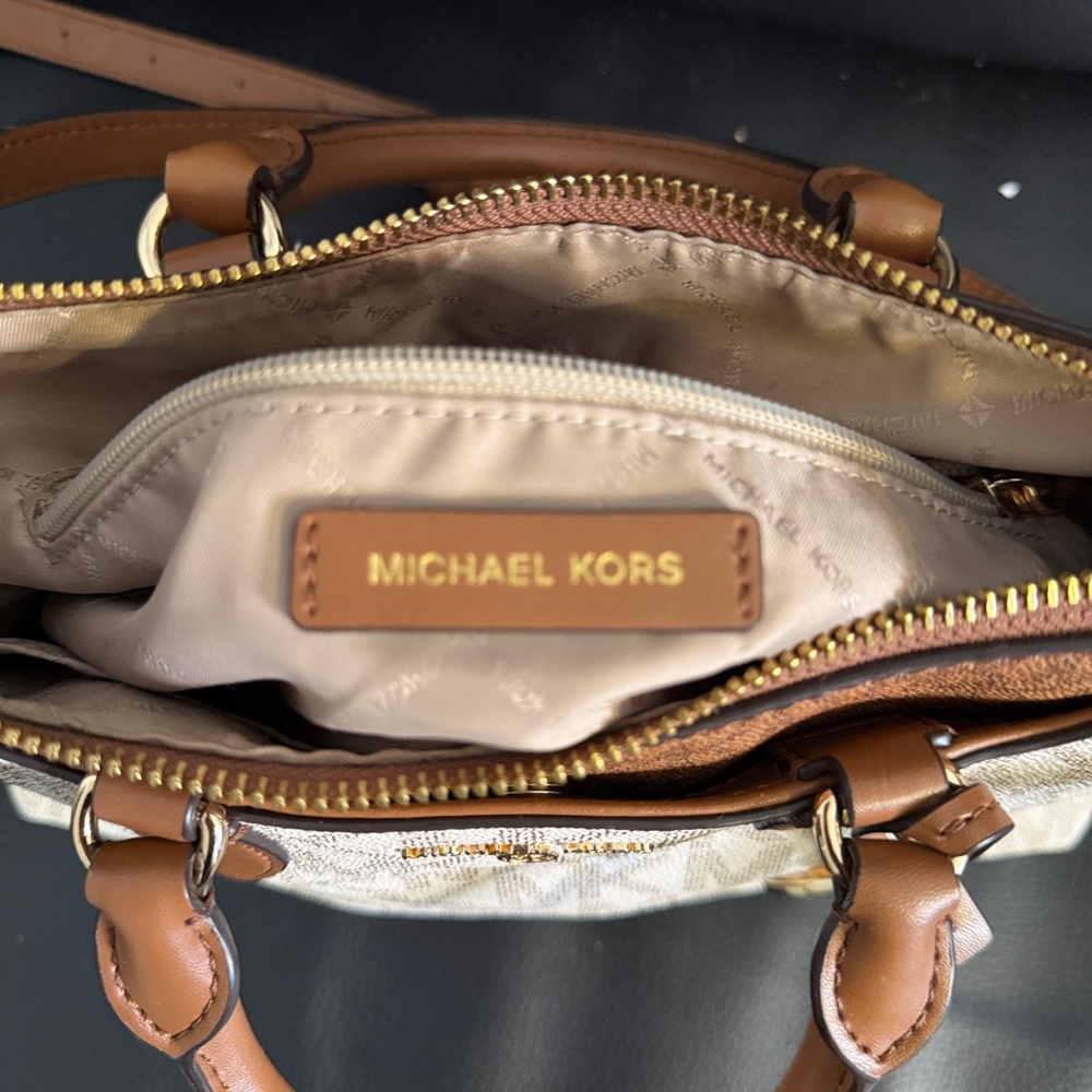 Michael Kors Mini Satchel Crossbody Vanilla MK Signature Brown Leather - Picture 6 of 8